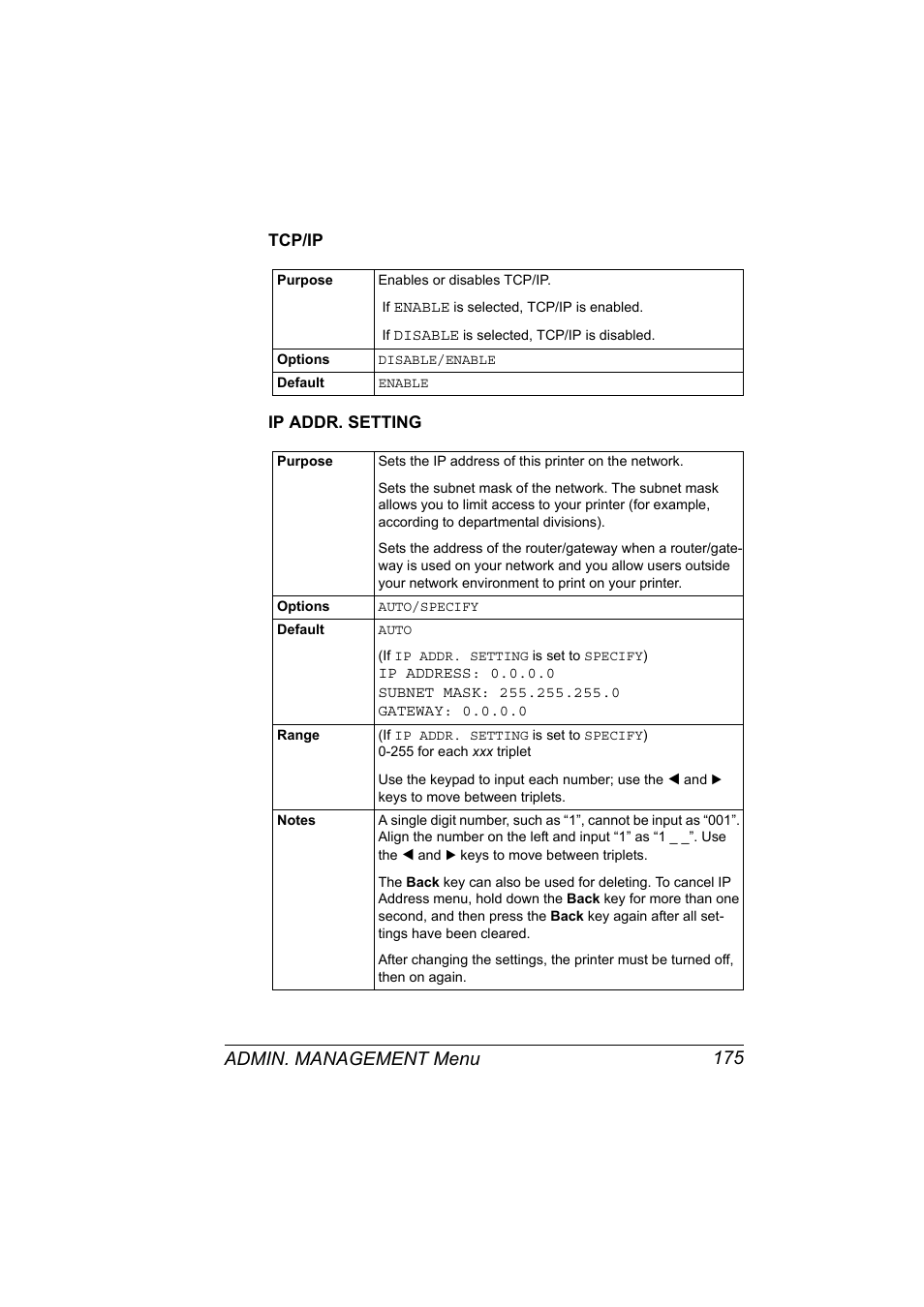 Tcp/ip, Ip addr. setting, Tcp/ip 175 ip addr. setting 175 | Admin. management menu 175 | Konica Minolta magicolor 4690MF User Manual | Page 191 / 312