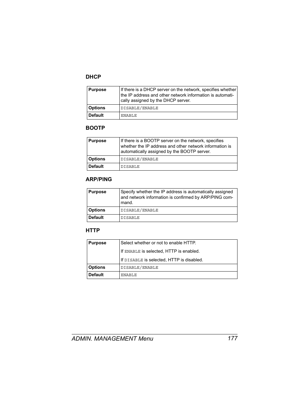 Dhcp, Bootp, Arp/ping | Http, Dhcp 177 bootp 177 arp/ping 177 http 177, Admin. management menu 177 | Konica Minolta magicolor 4690MF User Manual | Page 193 / 312