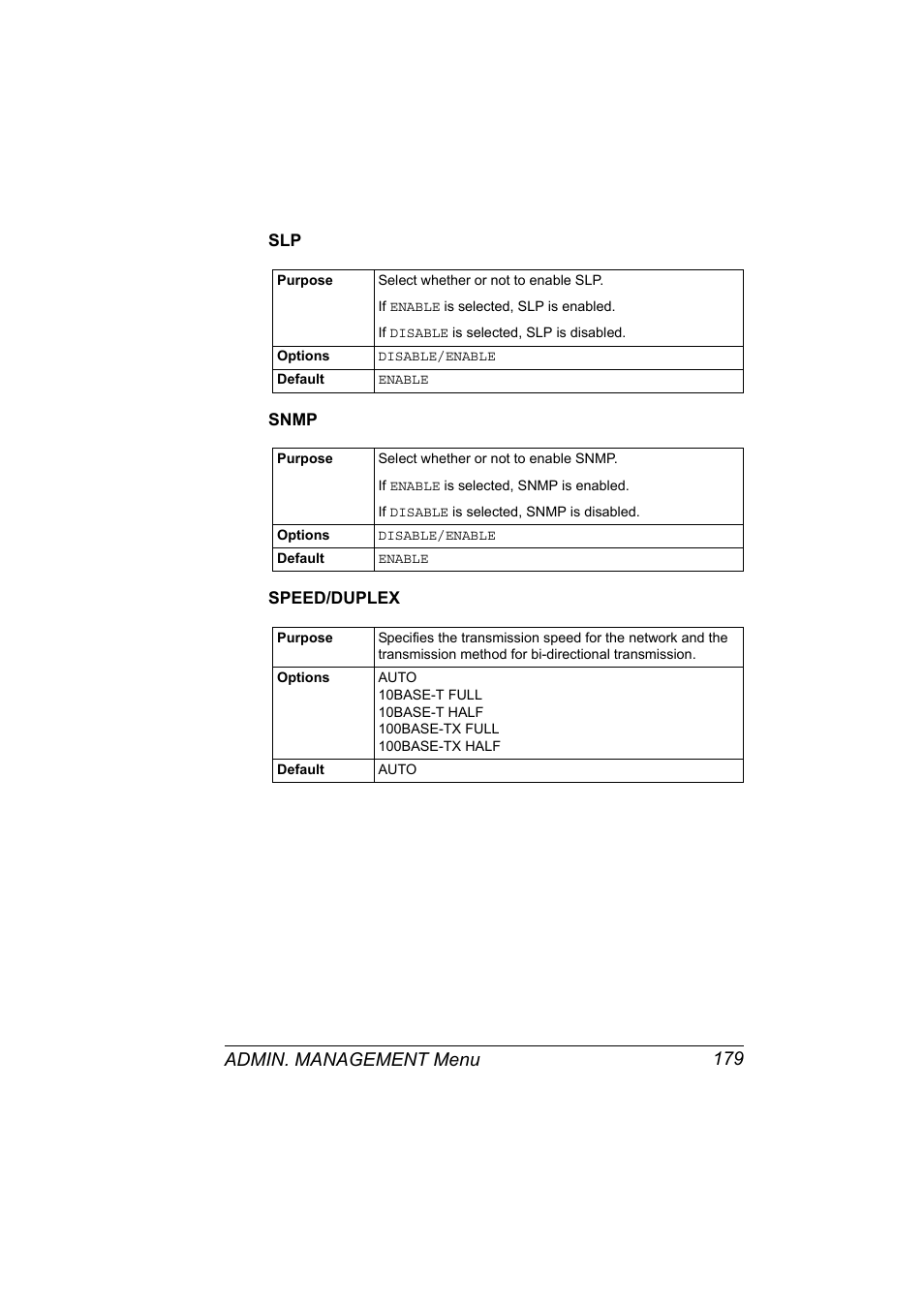 Snmp, Speed/duplex, Slp 179 snmp 179 | Speed/duplex 179, Admin. management menu 179 | Konica Minolta magicolor 4690MF User Manual | Page 195 / 312