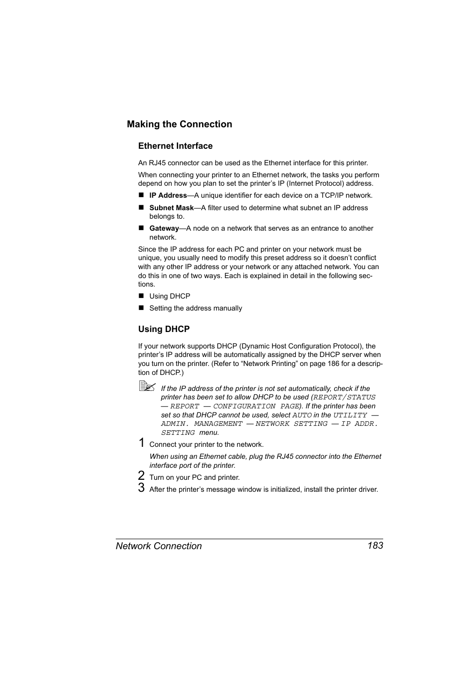 Making the connection, Ethernet interface, Using dhcp | Making the connection 183, Ethernet interface 183 using dhcp 183 | Konica Minolta magicolor 4690MF User Manual | Page 199 / 312