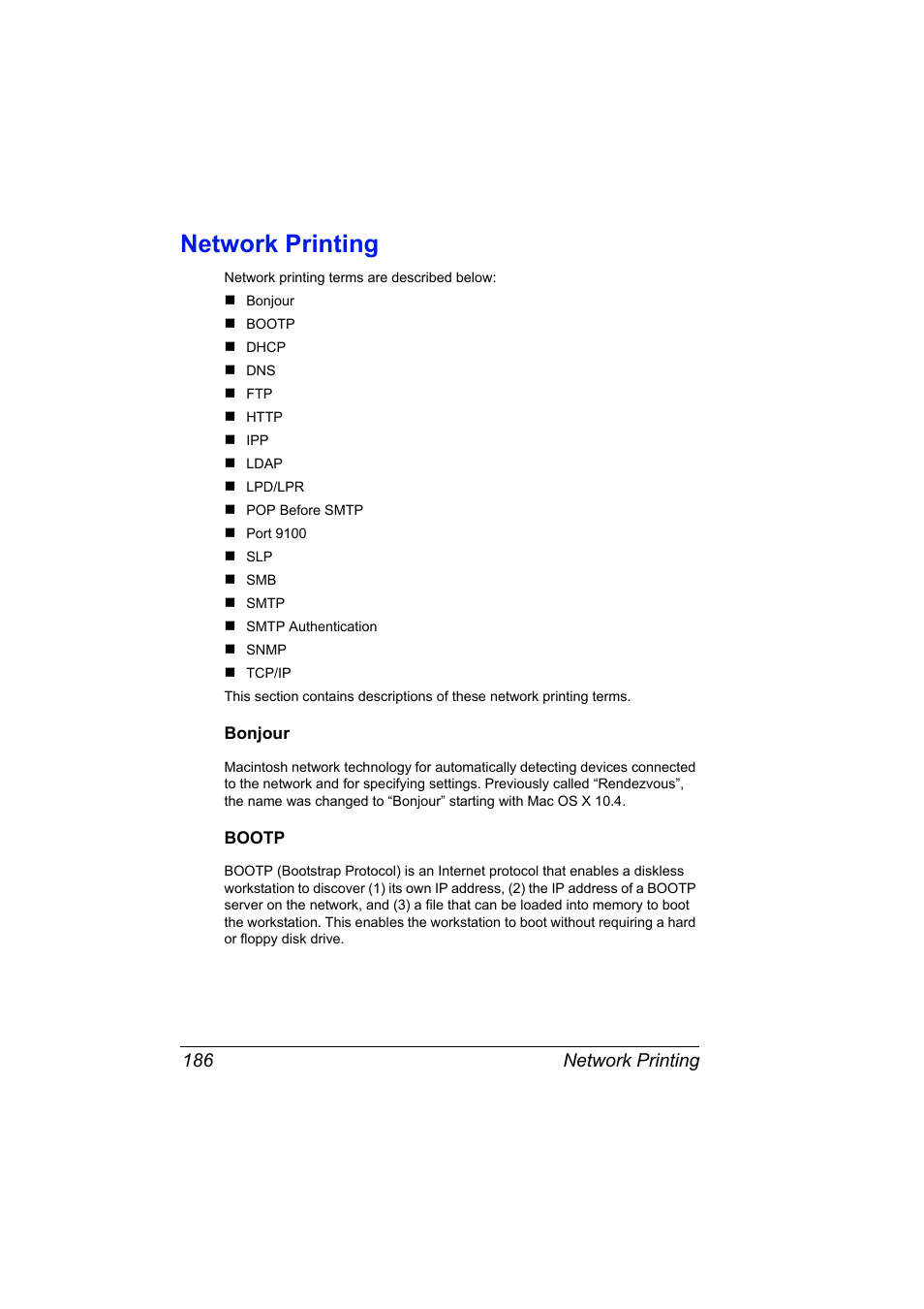 Network printing, Bonjour, Bootp | Network printing 186, Bonjour 186 bootp 186 | Konica Minolta magicolor 4690MF User Manual | Page 202 / 312