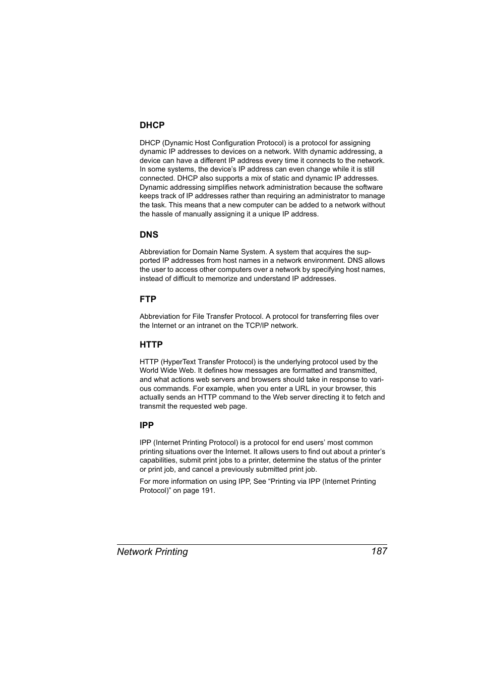 Dhcp, Http, Dhcp 187 dns 187 ftp 187 http 187 ipp 187 | Konica Minolta magicolor 4690MF User Manual | Page 203 / 312