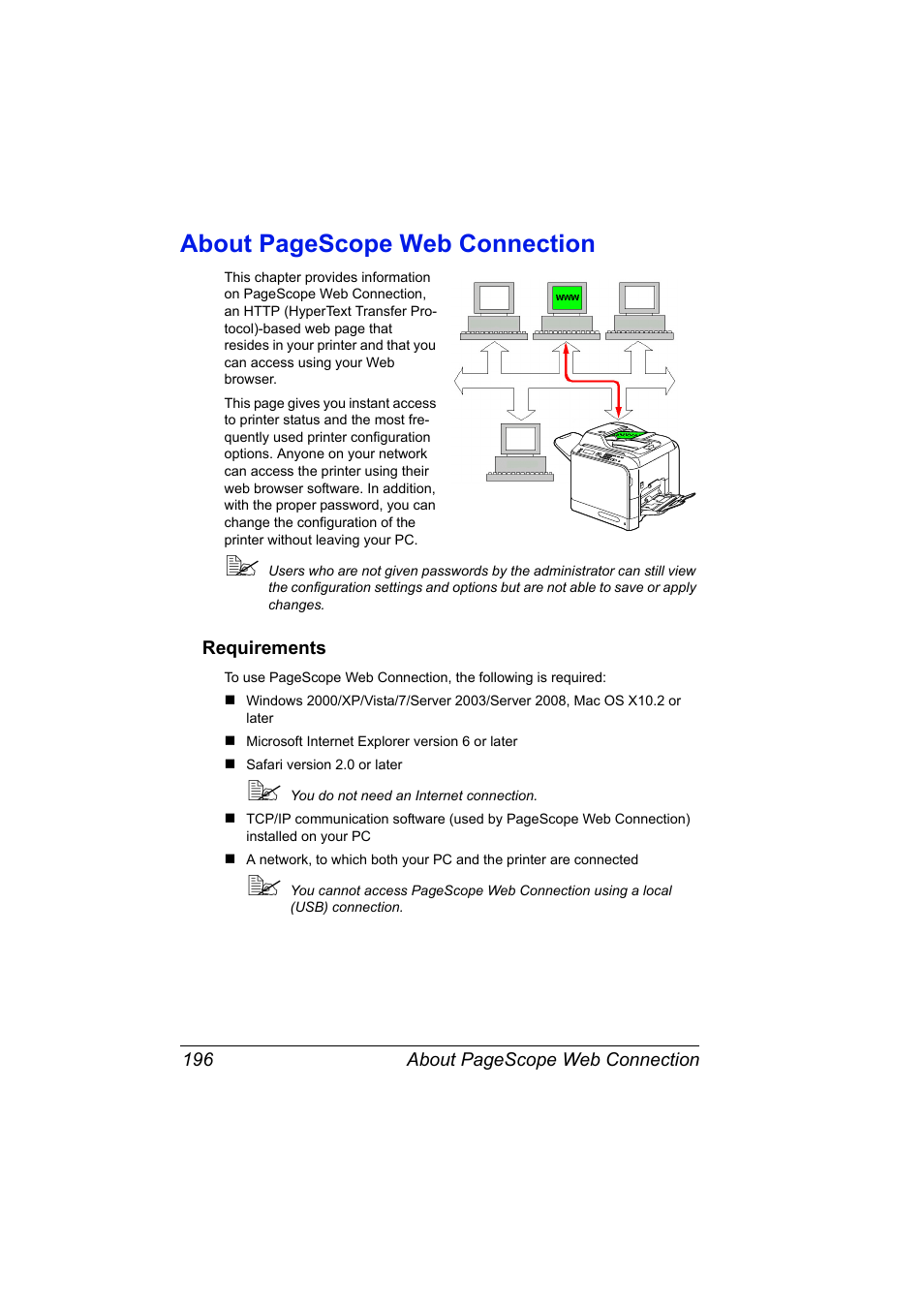 Requirements, Requirements 196, About pagescope web connection | Konica Minolta magicolor 4690MF User Manual | Page 212 / 312