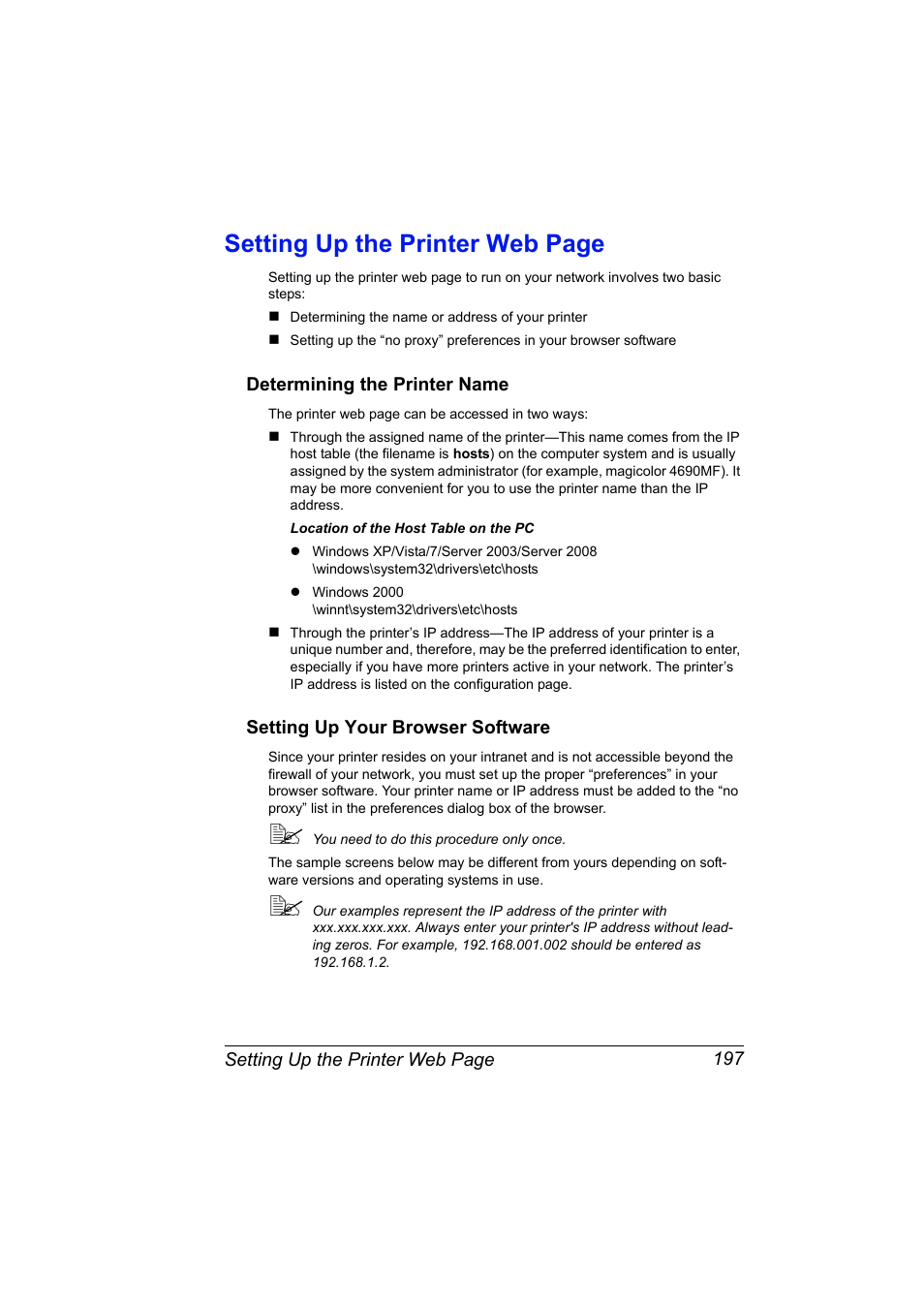 Determining the printer name, Setting up your browser software, Setting up the printer web page | Konica Minolta magicolor 4690MF User Manual | Page 213 / 312