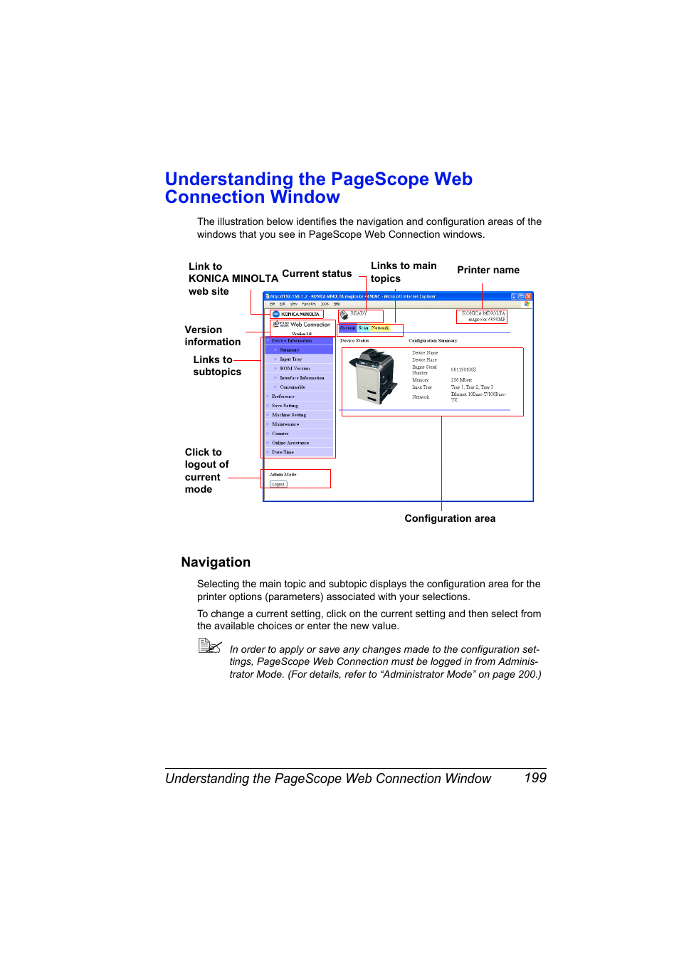 Navigation, Navigation 199, Understanding the pagescope web connection window | Konica Minolta magicolor 4690MF User Manual | Page 215 / 312