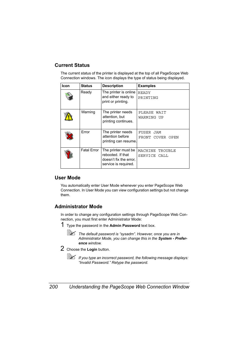 Current status, User mode, Administrator mode | Konica Minolta magicolor 4690MF User Manual | Page 216 / 312