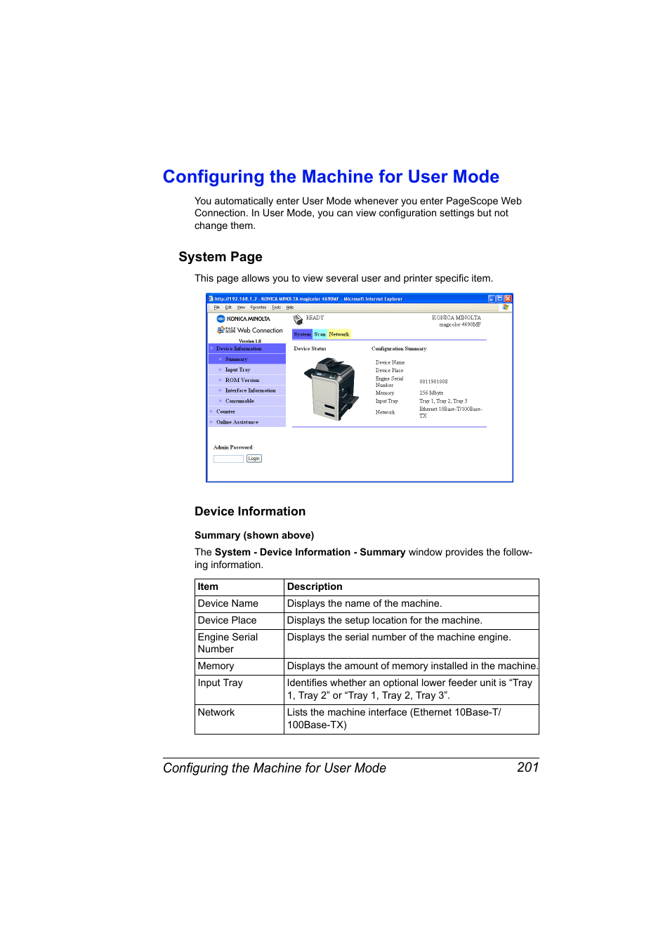 Configuring the machine for user mode, Device information, Configuring the machine for user mode 201 | Device information 201, System page | Konica Minolta magicolor 4690MF User Manual | Page 217 / 312