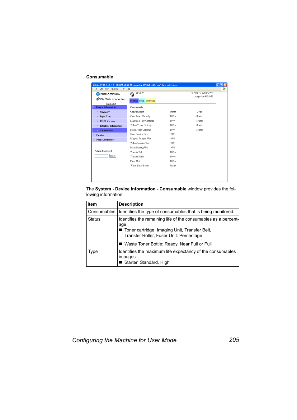 Configuring the machine for user mode 205 | Konica Minolta magicolor 4690MF User Manual | Page 221 / 312