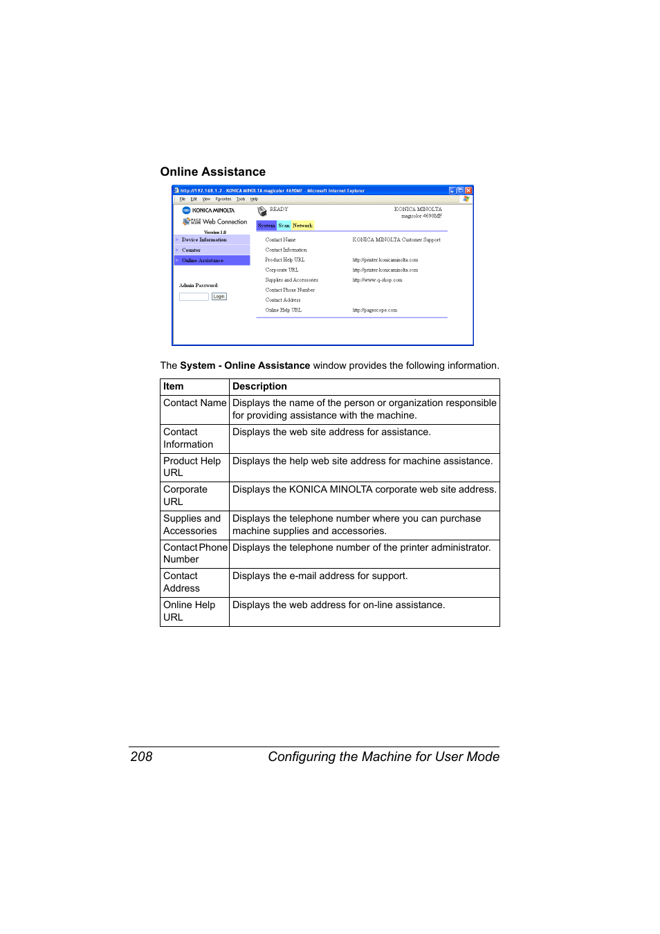 Online assistance, Online assistance 208, Configuring the machine for user mode 208 | Konica Minolta magicolor 4690MF User Manual | Page 224 / 312