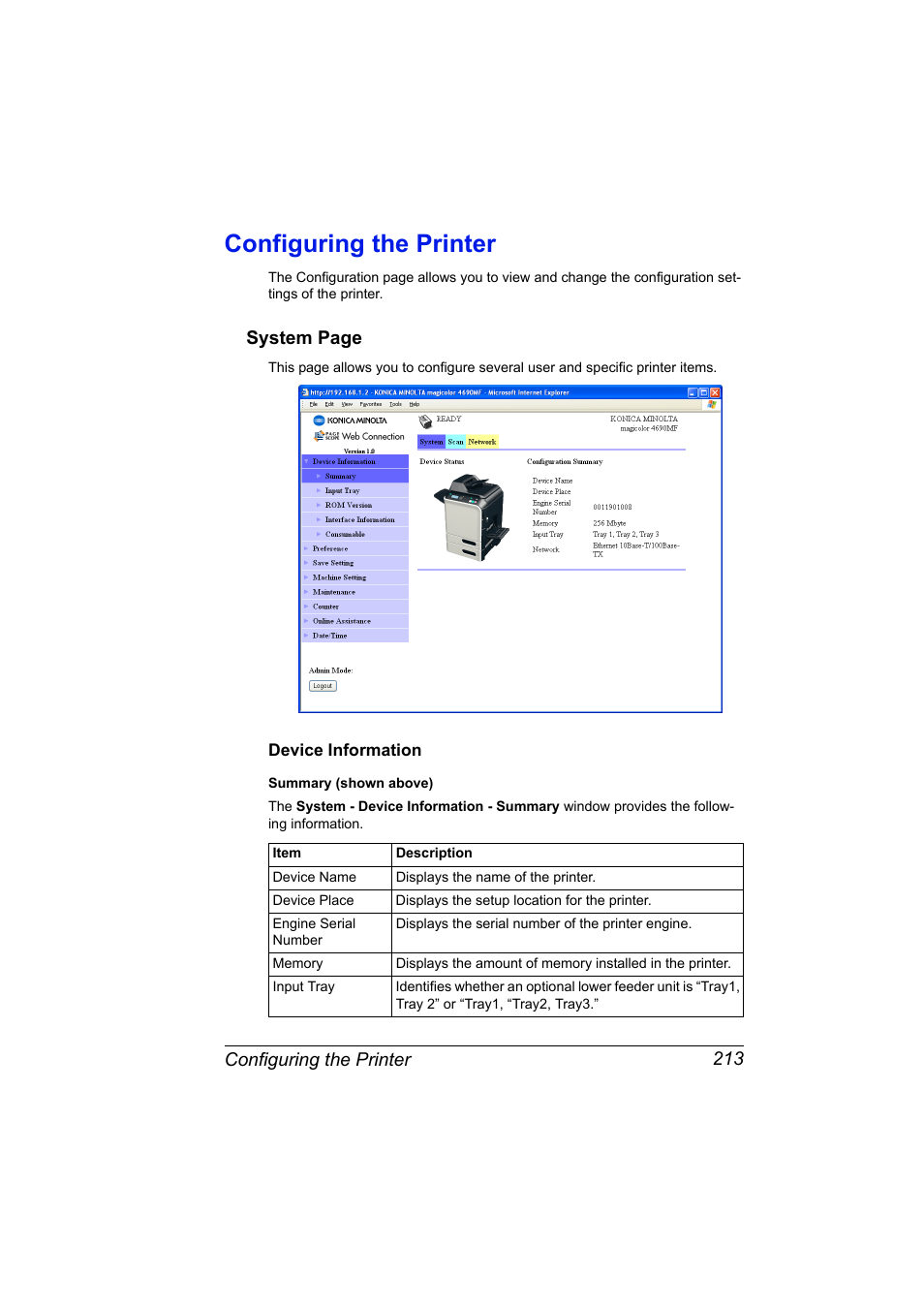 Configuring the printer, Device information, Configuring the printer 213 | Device information 213, System page | Konica Minolta magicolor 4690MF User Manual | Page 229 / 312