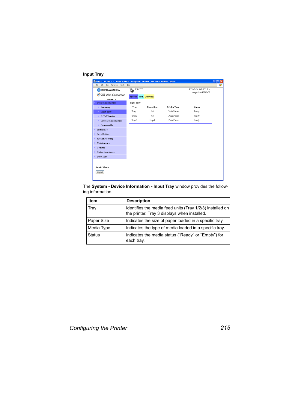 Configuring the printer 215 | Konica Minolta magicolor 4690MF User Manual | Page 231 / 312