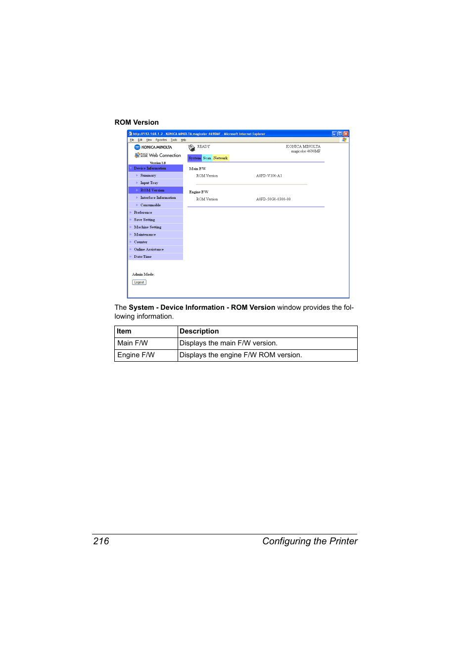 Configuring the printer 216 | Konica Minolta magicolor 4690MF User Manual | Page 232 / 312