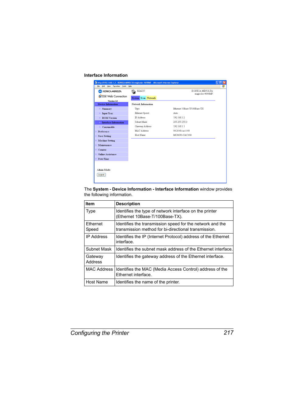 Configuring the printer 217 | Konica Minolta magicolor 4690MF User Manual | Page 233 / 312
