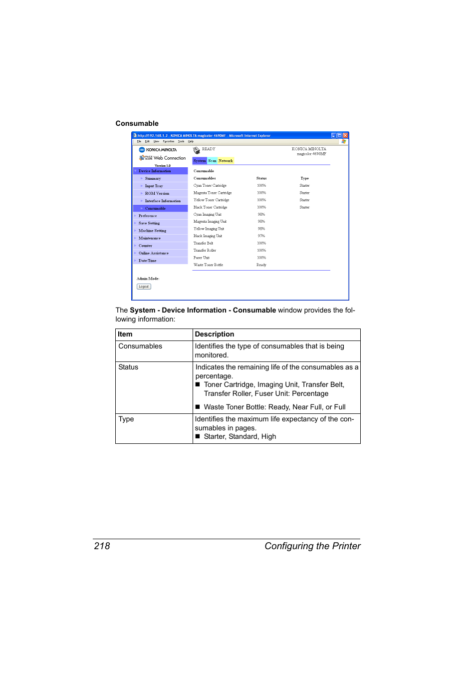 Configuring the printer 218 | Konica Minolta magicolor 4690MF User Manual | Page 234 / 312