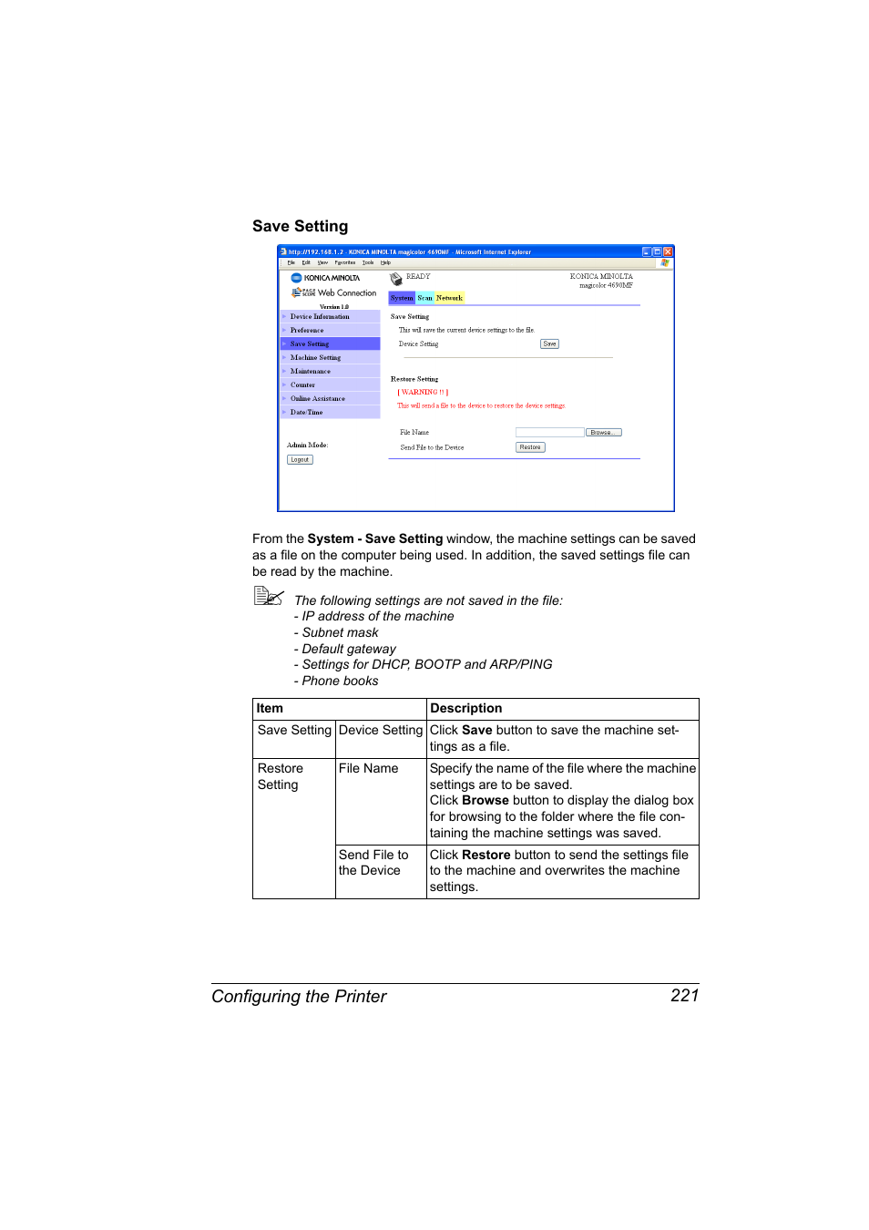 Save setting, Save setting 221 | Konica Minolta magicolor 4690MF User Manual | Page 237 / 312