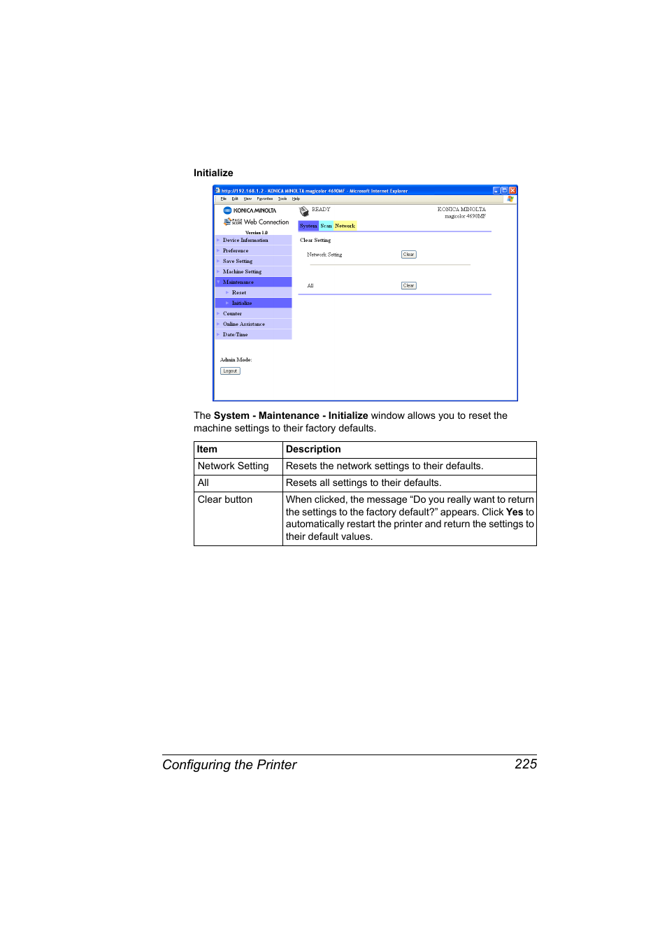 Configuring the printer 225 | Konica Minolta magicolor 4690MF User Manual | Page 241 / 312