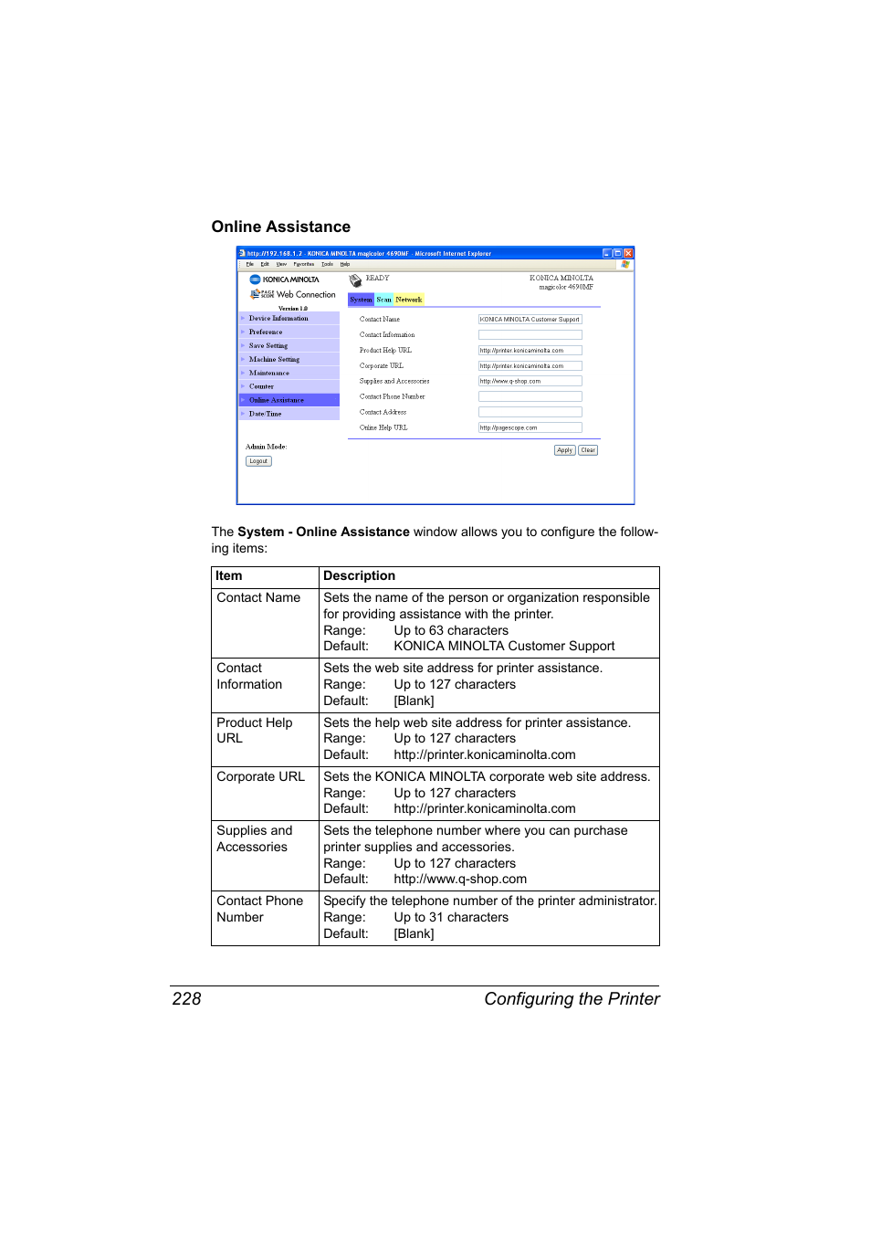 Online assistance, Online assistance 228, Configuring the printer 228 | Konica Minolta magicolor 4690MF User Manual | Page 244 / 312