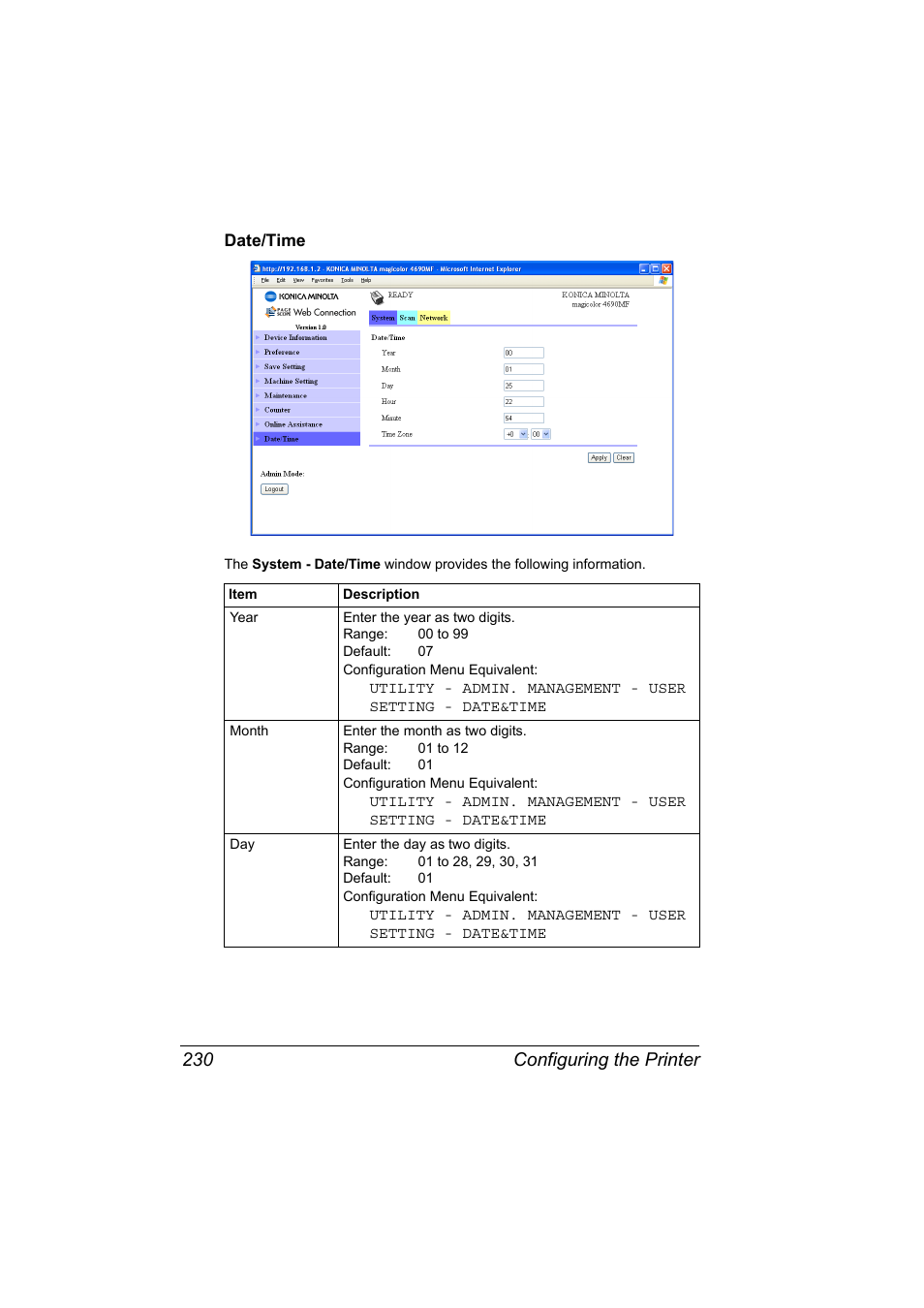 Date/time, Date/time 230, Configuring the printer 230 | Konica Minolta magicolor 4690MF User Manual | Page 246 / 312