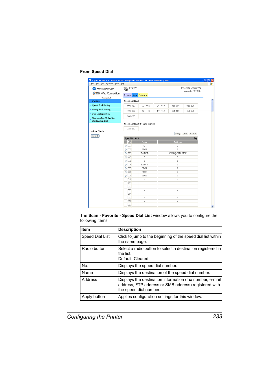 Configuring the printer 233 | Konica Minolta magicolor 4690MF User Manual | Page 249 / 312