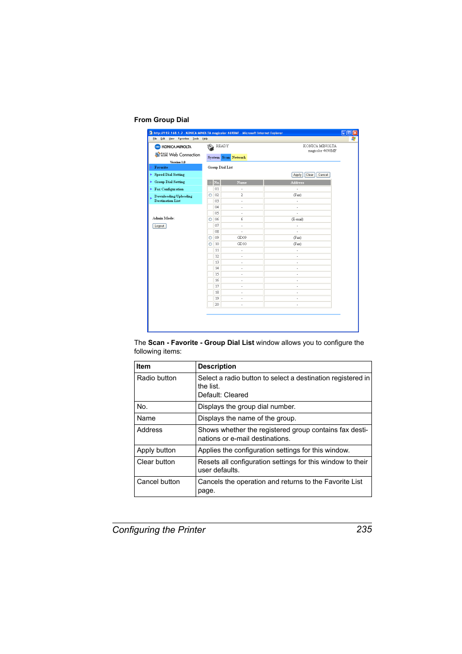 Configuring the printer 235 | Konica Minolta magicolor 4690MF User Manual | Page 251 / 312