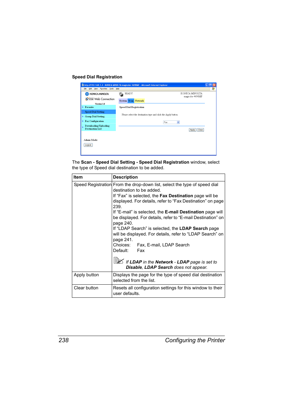 Configuring the printer 238 | Konica Minolta magicolor 4690MF User Manual | Page 254 / 312