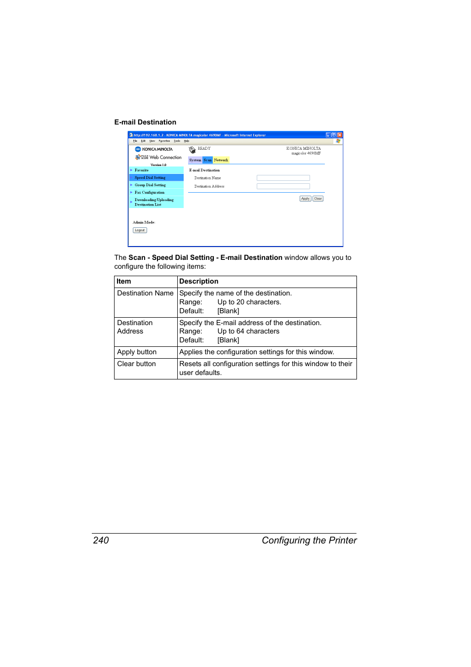 Configuring the printer 240 | Konica Minolta magicolor 4690MF User Manual | Page 256 / 312