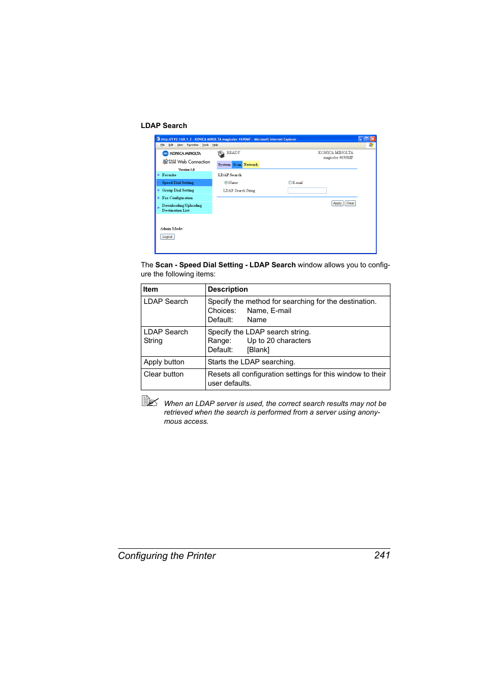 Configuring the printer 241 | Konica Minolta magicolor 4690MF User Manual | Page 257 / 312