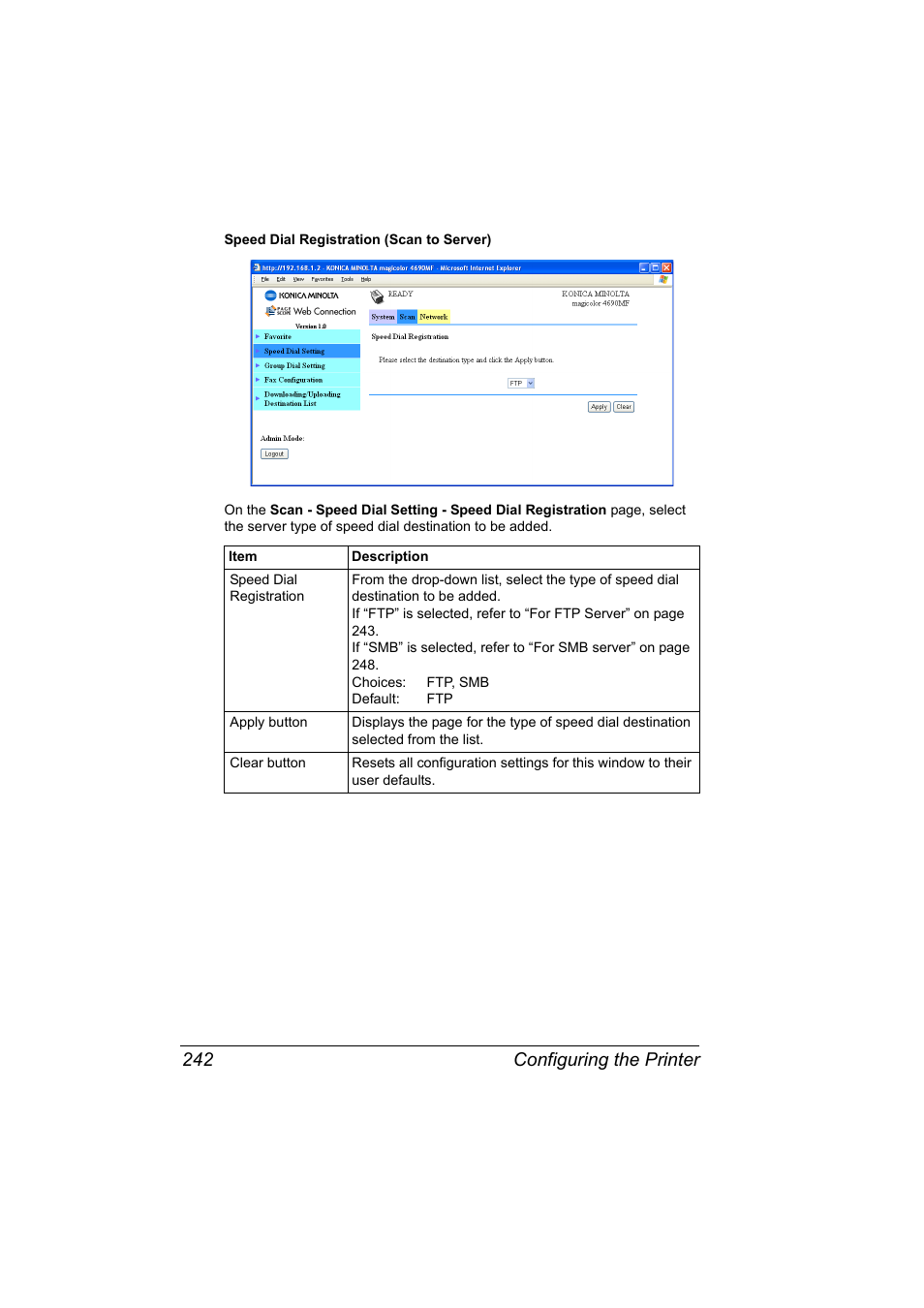 Configuring the printer 242 | Konica Minolta magicolor 4690MF User Manual | Page 258 / 312