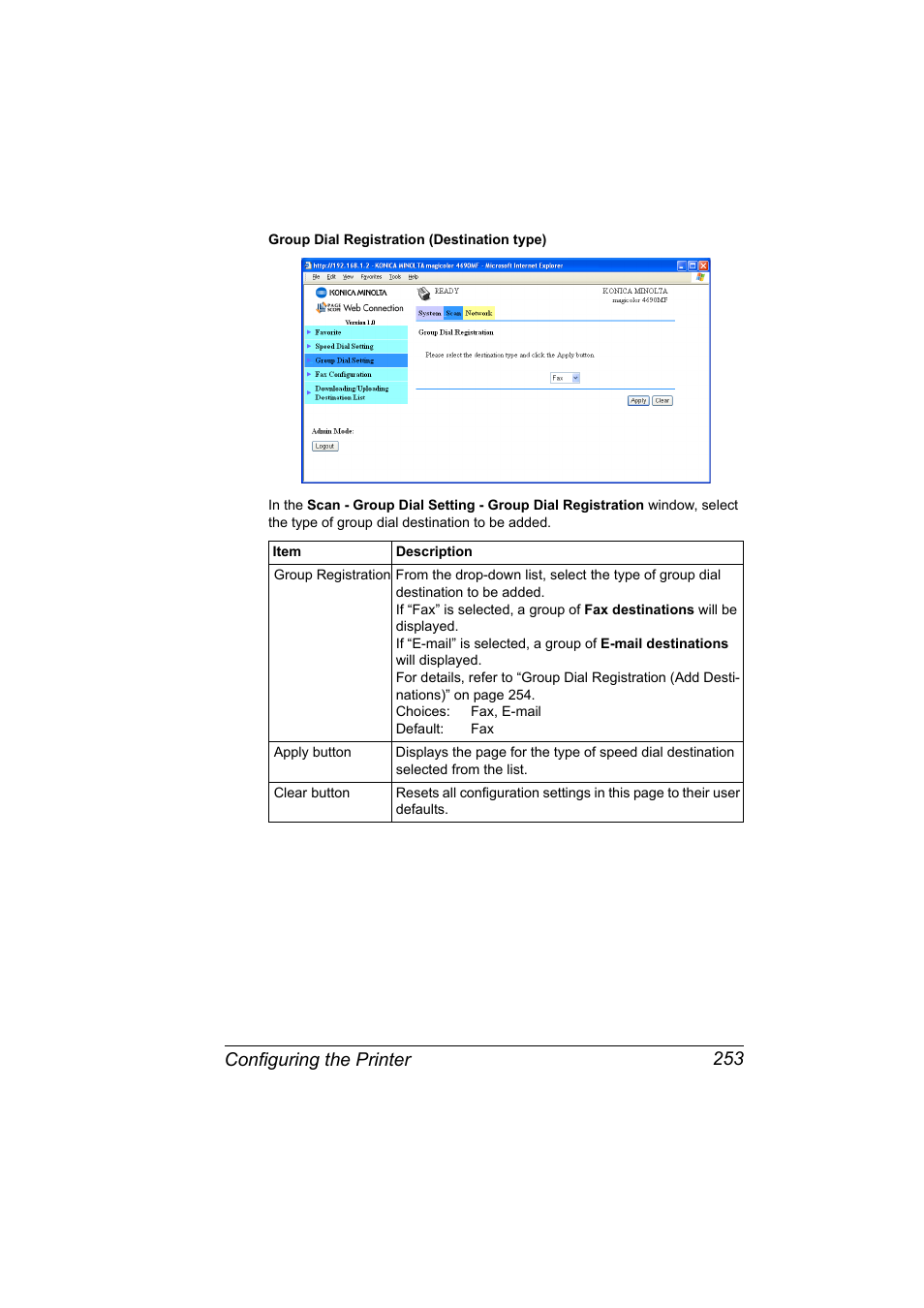 Configuring the printer 253 | Konica Minolta magicolor 4690MF User Manual | Page 269 / 312