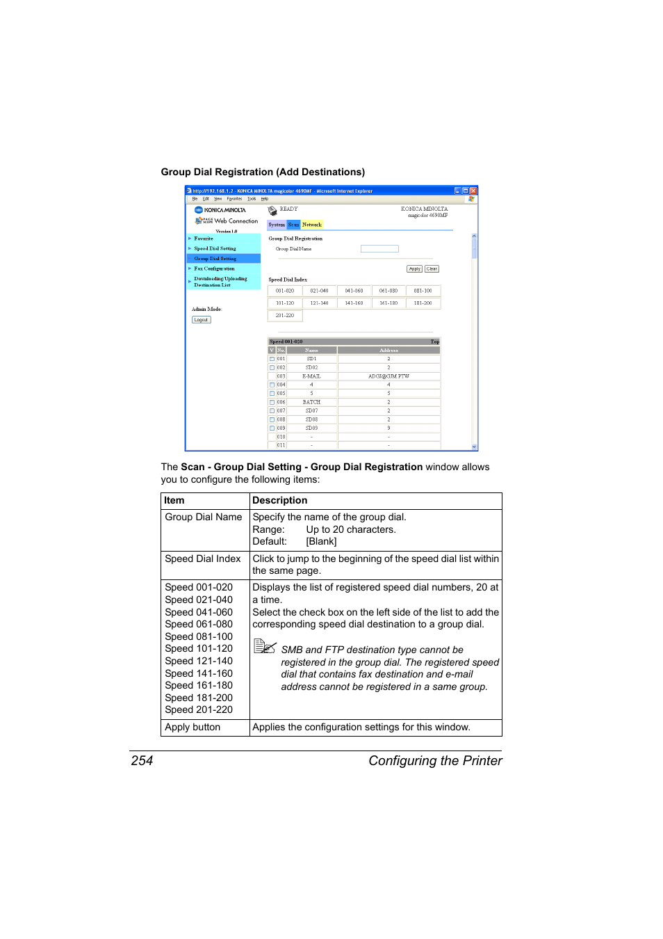 Configuring the printer 254 | Konica Minolta magicolor 4690MF User Manual | Page 270 / 312