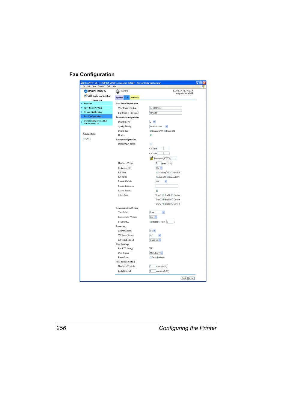 Fax configuration, Fax configuration 256 | Konica Minolta magicolor 4690MF User Manual | Page 272 / 312