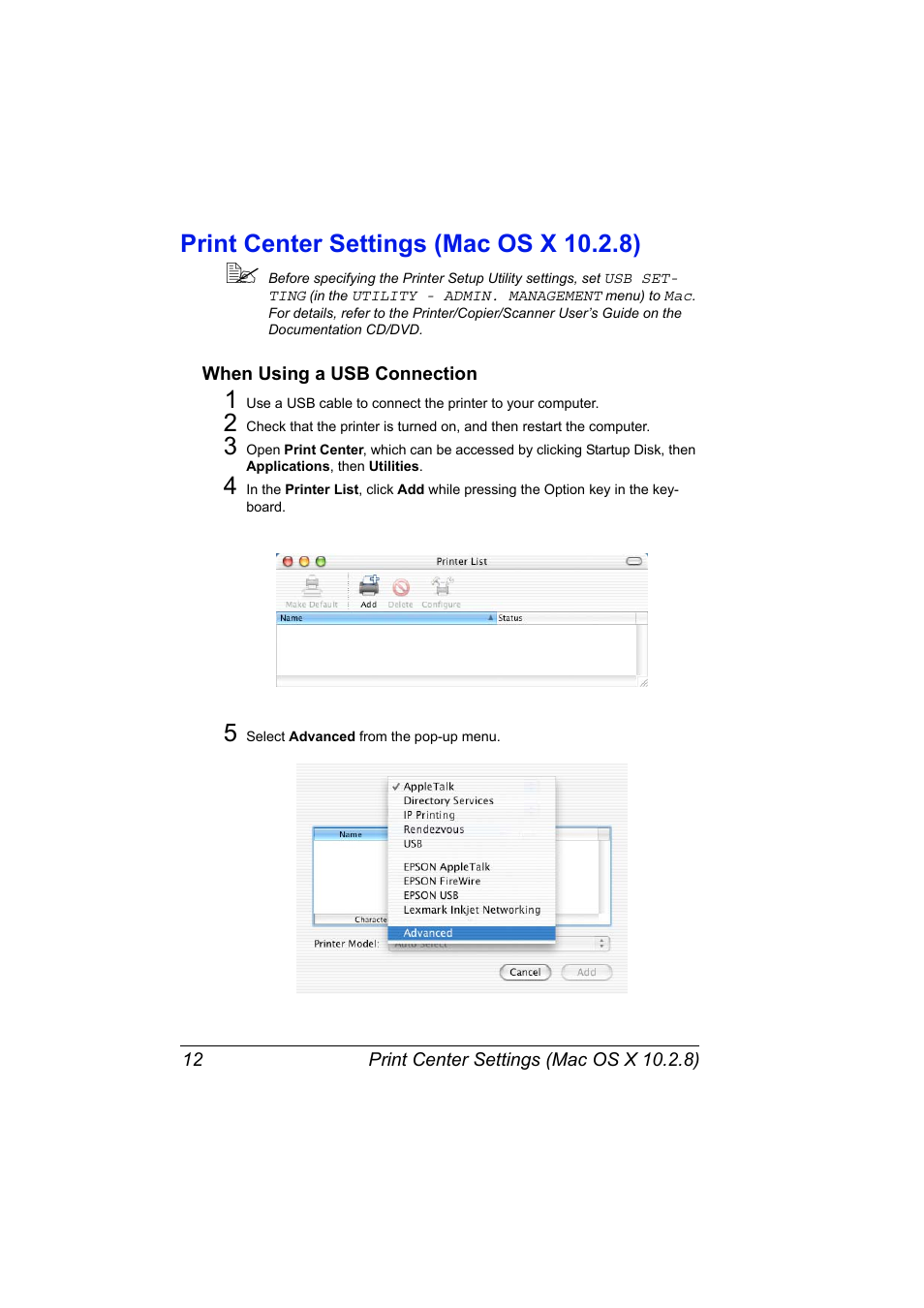 Print center settings (mac os x 10.2.8), When using a usb connection, Print center settings (mac os x 10.2.8) 12 | When using a usb connection 12 | Konica Minolta magicolor 4690MF User Manual | Page 28 / 312