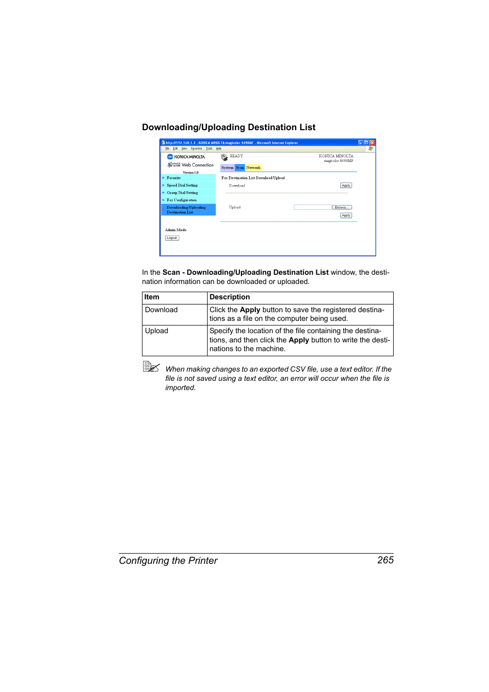 Downloading/uploading destination list, Downloading/uploading destination list 265 | Konica Minolta magicolor 4690MF User Manual | Page 281 / 312