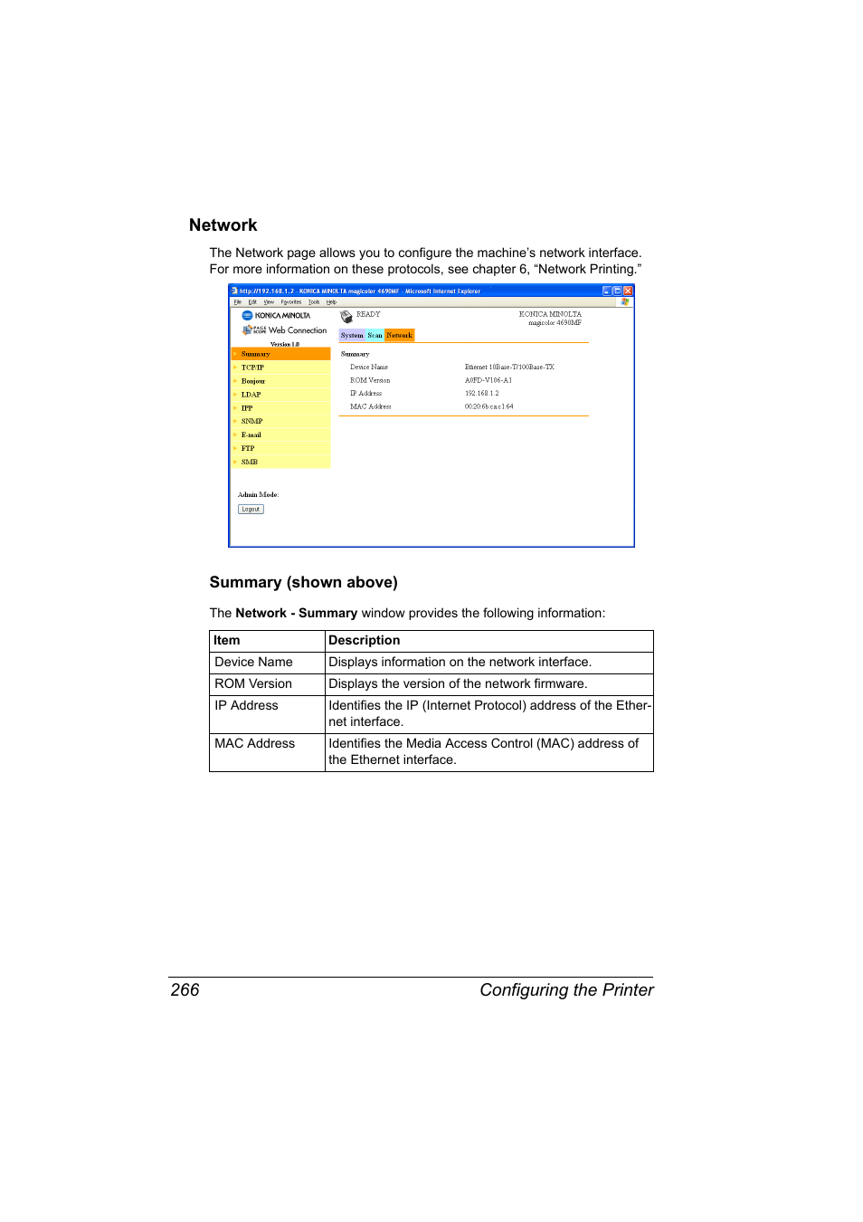 Network, Summary (shown above), Network 266 | Summary (shown above) 266, Configuring the printer 266 network | Konica Minolta magicolor 4690MF User Manual | Page 282 / 312
