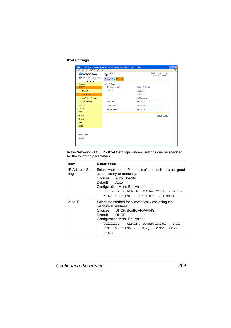 Configuring the printer 269 | Konica Minolta magicolor 4690MF User Manual | Page 285 / 312
