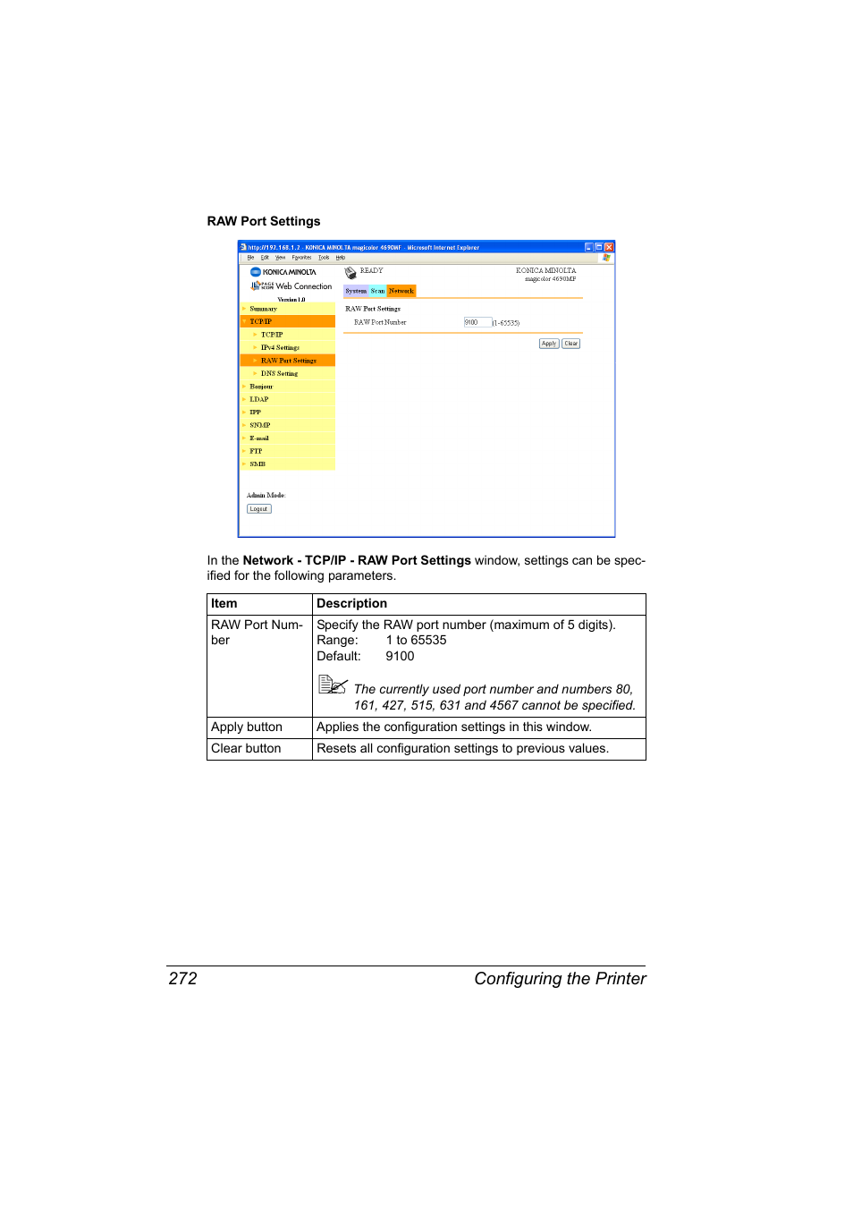 Configuring the printer 272 | Konica Minolta magicolor 4690MF User Manual | Page 288 / 312