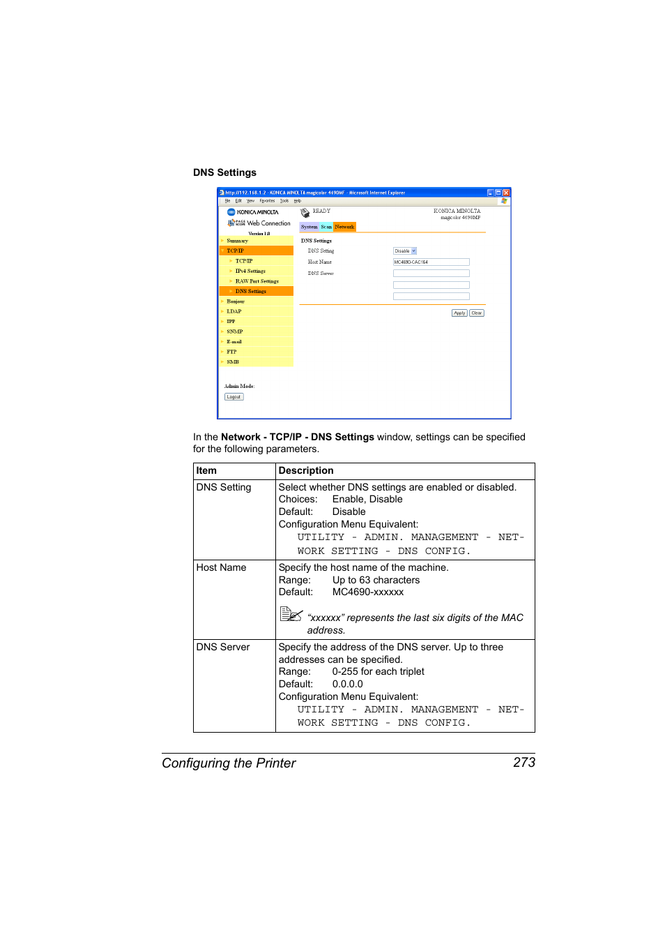 Configuring the printer 273 | Konica Minolta magicolor 4690MF User Manual | Page 289 / 312