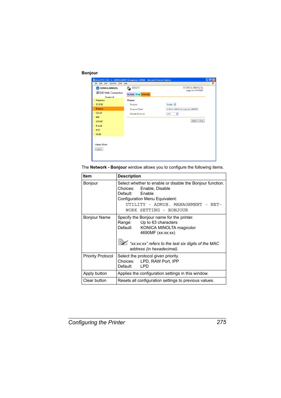 Configuring the printer 275 | Konica Minolta magicolor 4690MF User Manual | Page 291 / 312