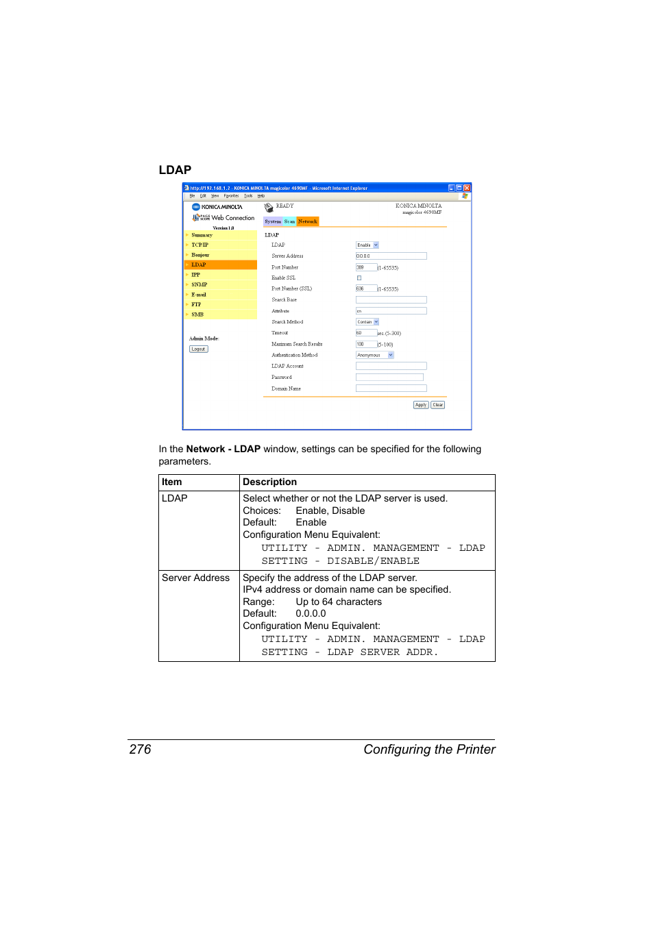 Ldap, Ldap 276, Configuring the printer 276 | Konica Minolta magicolor 4690MF User Manual | Page 292 / 312