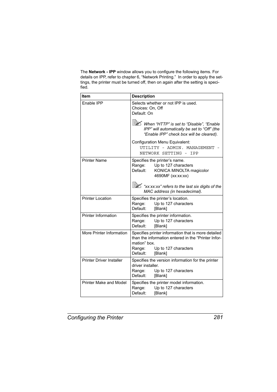 Configuring the printer 281 | Konica Minolta magicolor 4690MF User Manual | Page 297 / 312