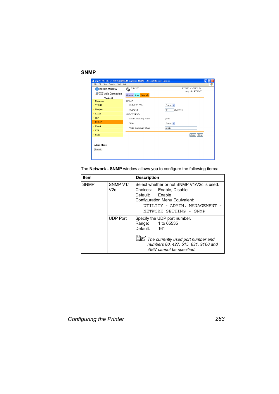 Snmp, Snmp 283, Configuring the printer 283 | Konica Minolta magicolor 4690MF User Manual | Page 299 / 312