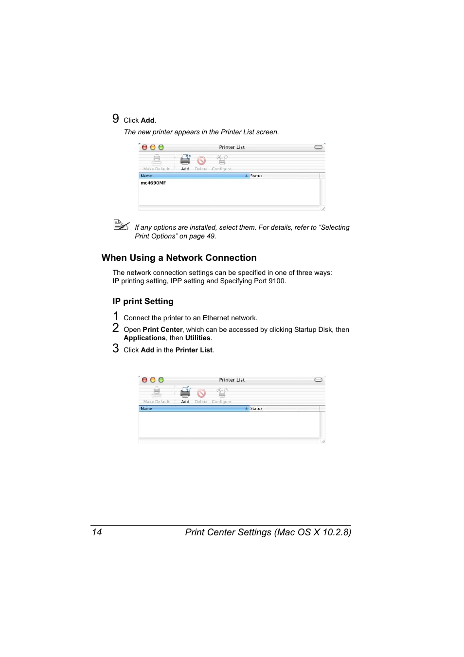 When using a network connection, Ip print setting, When using a network connection 14 | Ip print setting 14 | Konica Minolta magicolor 4690MF User Manual | Page 30 / 312