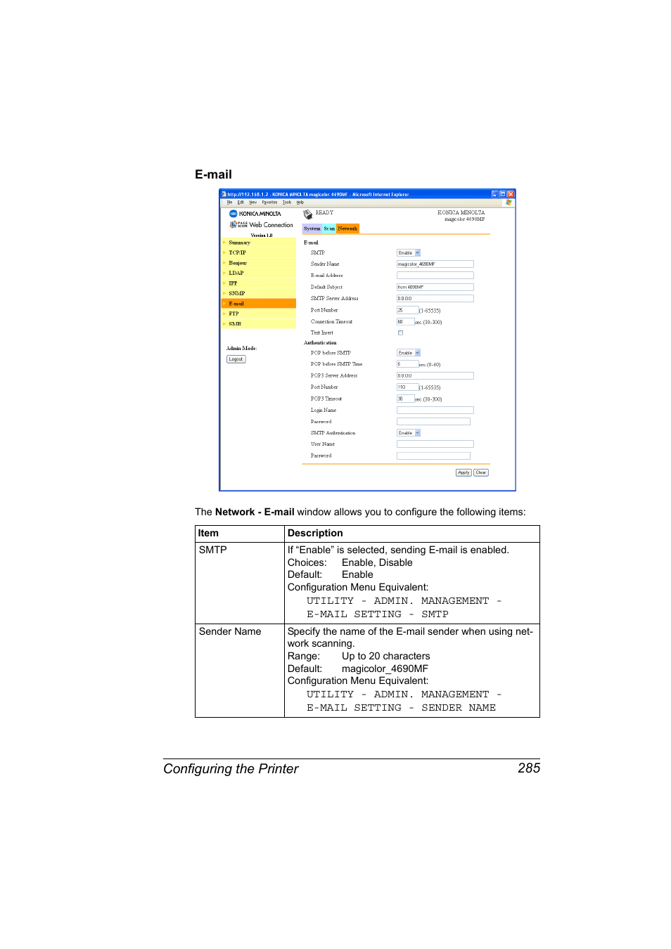 E-mail, E-mail 285, Configuring the printer 285 | Konica Minolta magicolor 4690MF User Manual | Page 301 / 312