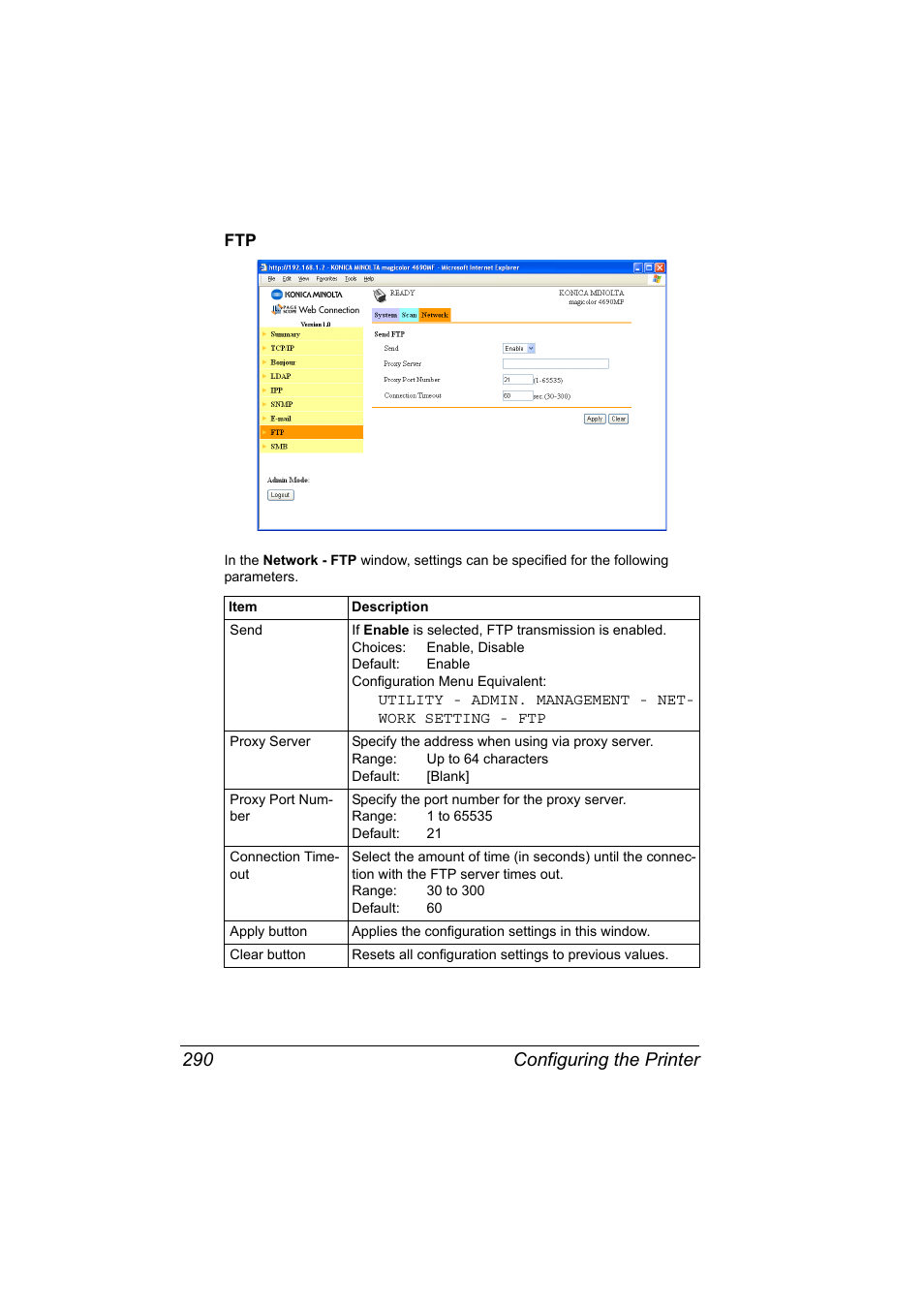 Ftp 290, Configuring the printer 290 | Konica Minolta magicolor 4690MF User Manual | Page 306 / 312