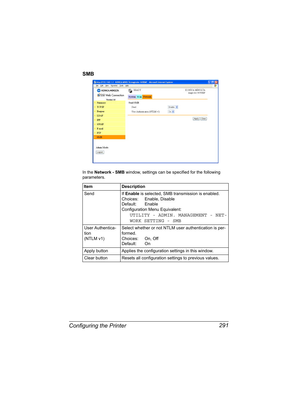 Smb 291, Configuring the printer 291 | Konica Minolta magicolor 4690MF User Manual | Page 307 / 312