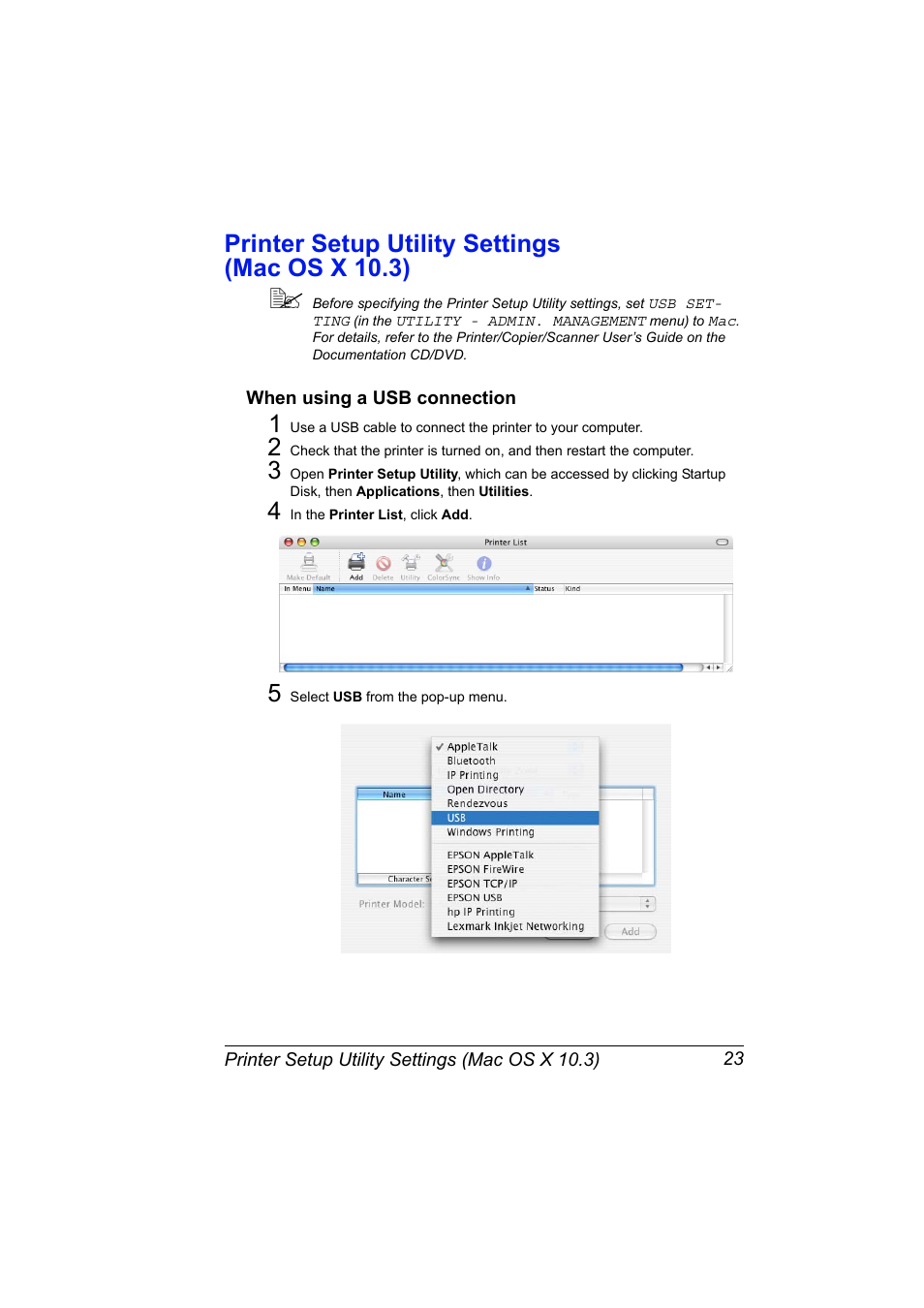 Printer setup utility settings (mac os x 10.3), When using a usb connection, Printer setup utility settings (mac os x 10.3) 23 | When using a usb connection 23 | Konica Minolta magicolor 4690MF User Manual | Page 39 / 312