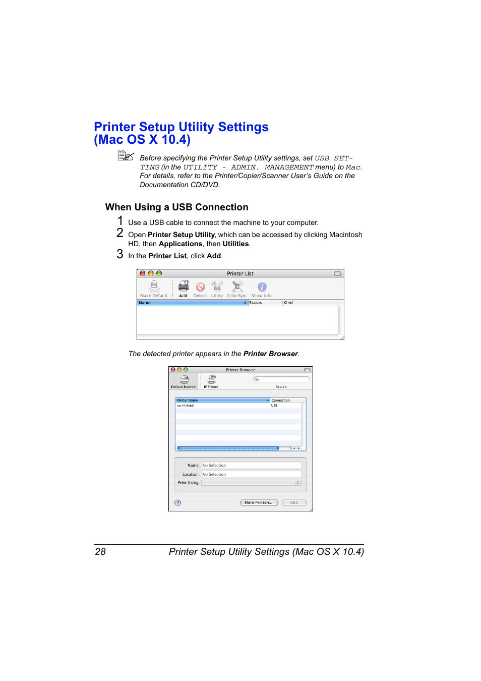 Printer setup utility settings (mac os x 10.4), When using a usb connection, Printer setup utility settings (mac os x 10.4) 28 | When using a usb connection 28 | Konica Minolta magicolor 4690MF User Manual | Page 44 / 312