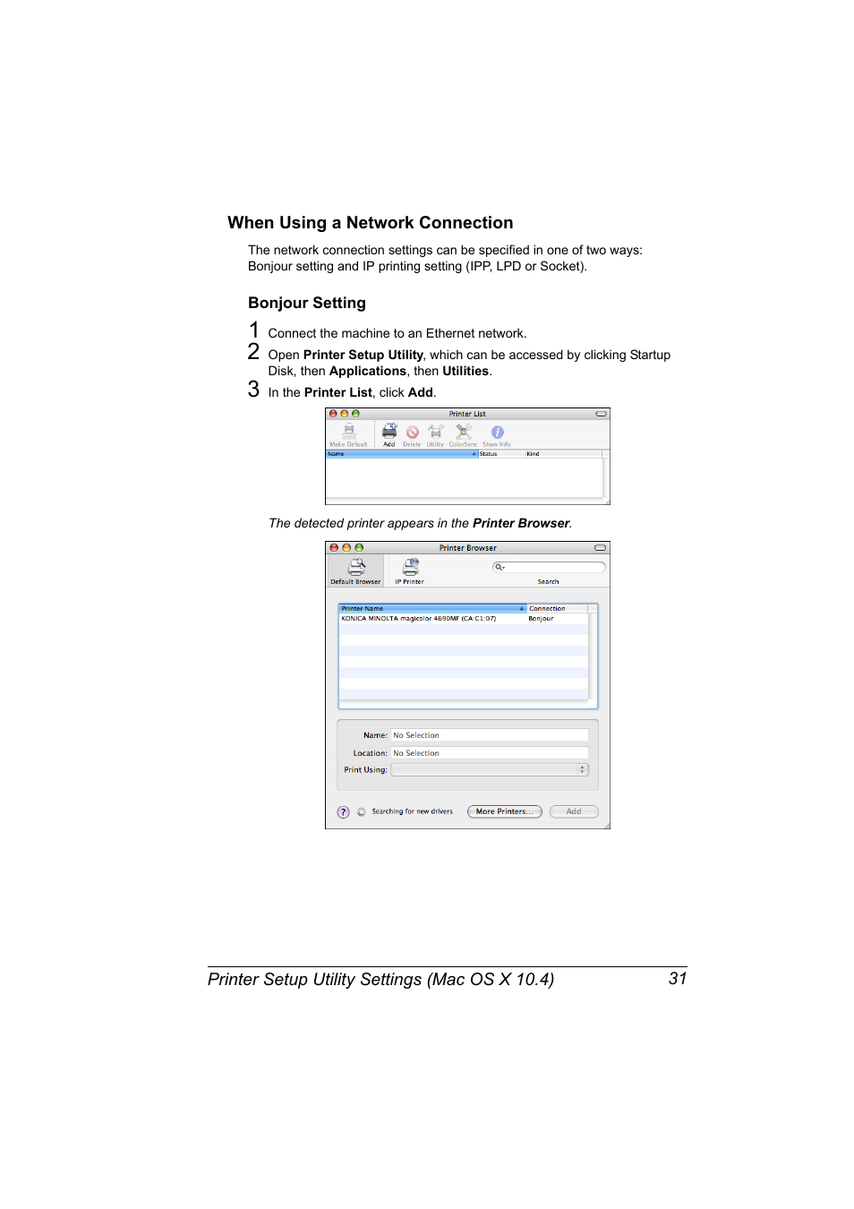 When using a network connection, Bonjour setting, When using a network connection 31 | Bonjour setting 31 | Konica Minolta magicolor 4690MF User Manual | Page 47 / 312