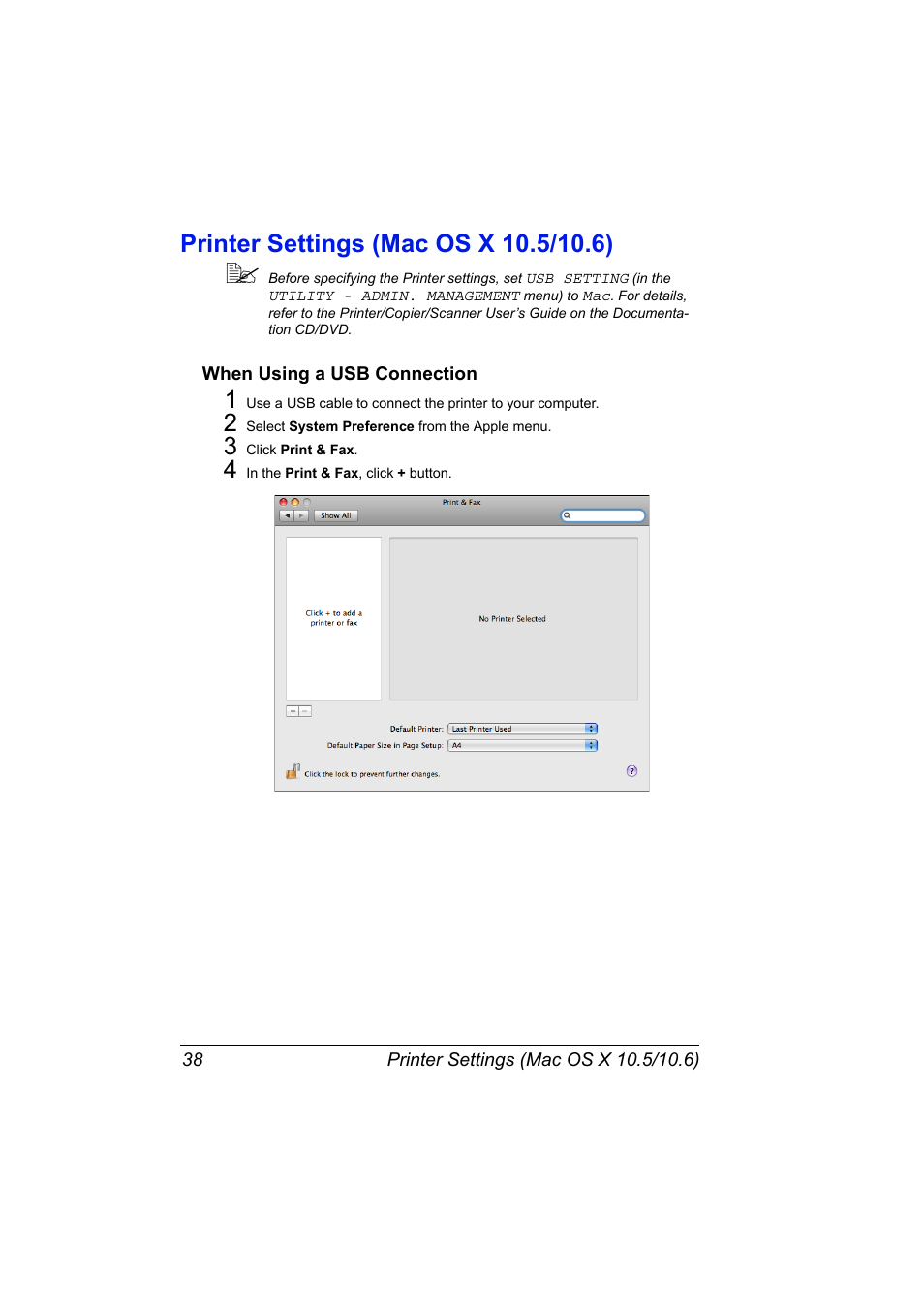 Printer settings (mac os x 10.5/10.6), When using a usb connection, Printer settings (mac os x 10.5/10.6) 38 | When using a usb connection 38 | Konica Minolta magicolor 4690MF User Manual | Page 54 / 312