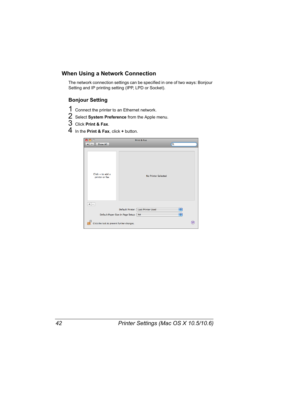 When using a network connection, Bonjour setting, When using a network connection 42 | Bonjour setting 42 | Konica Minolta magicolor 4690MF User Manual | Page 58 / 312